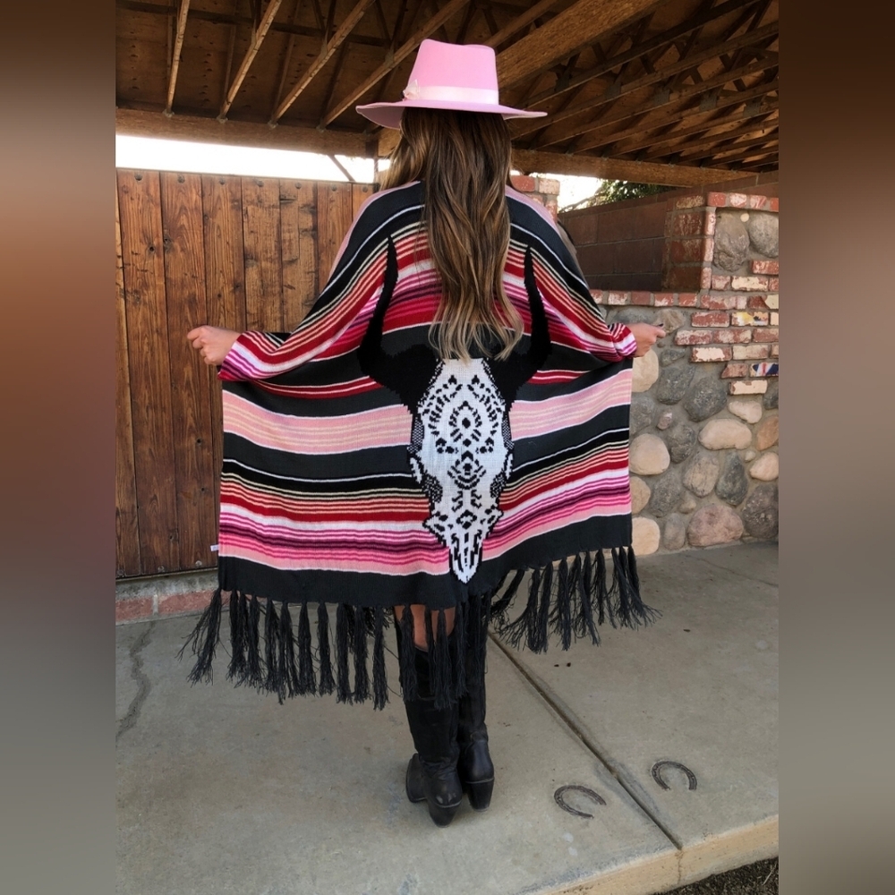 ​Bohemian Cow Skull Serape Ruana Shawl - Teal & Pink Striped - Picture 2 of 4
